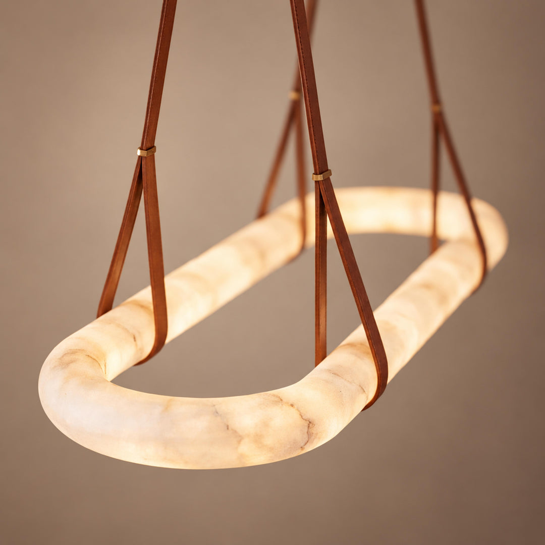 Modern Circle Chandelier Ceiling Mounted Metal Frame with White Alabaster Stone Lighting