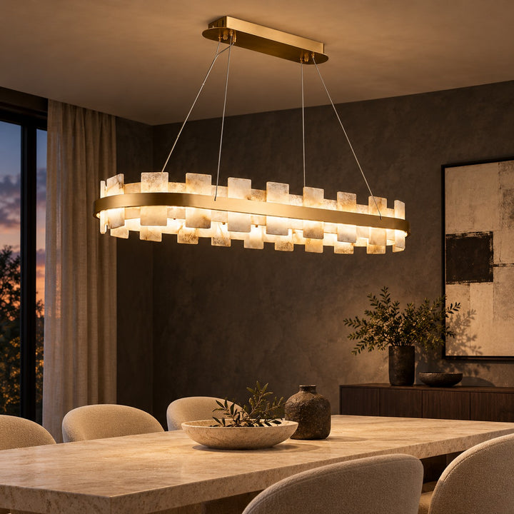 Modern Chandelier Ceiling Light Hanging Antique Brass Frame White Alabaster Panels LED
