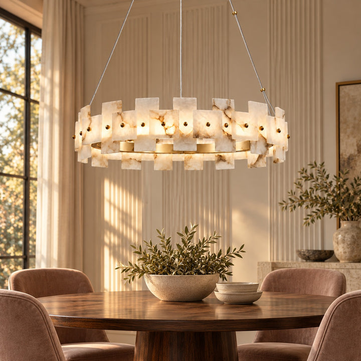 Modern Chandelier Ceiling Light Hanging Antique Brass Frame White Alabaster Panels LED
