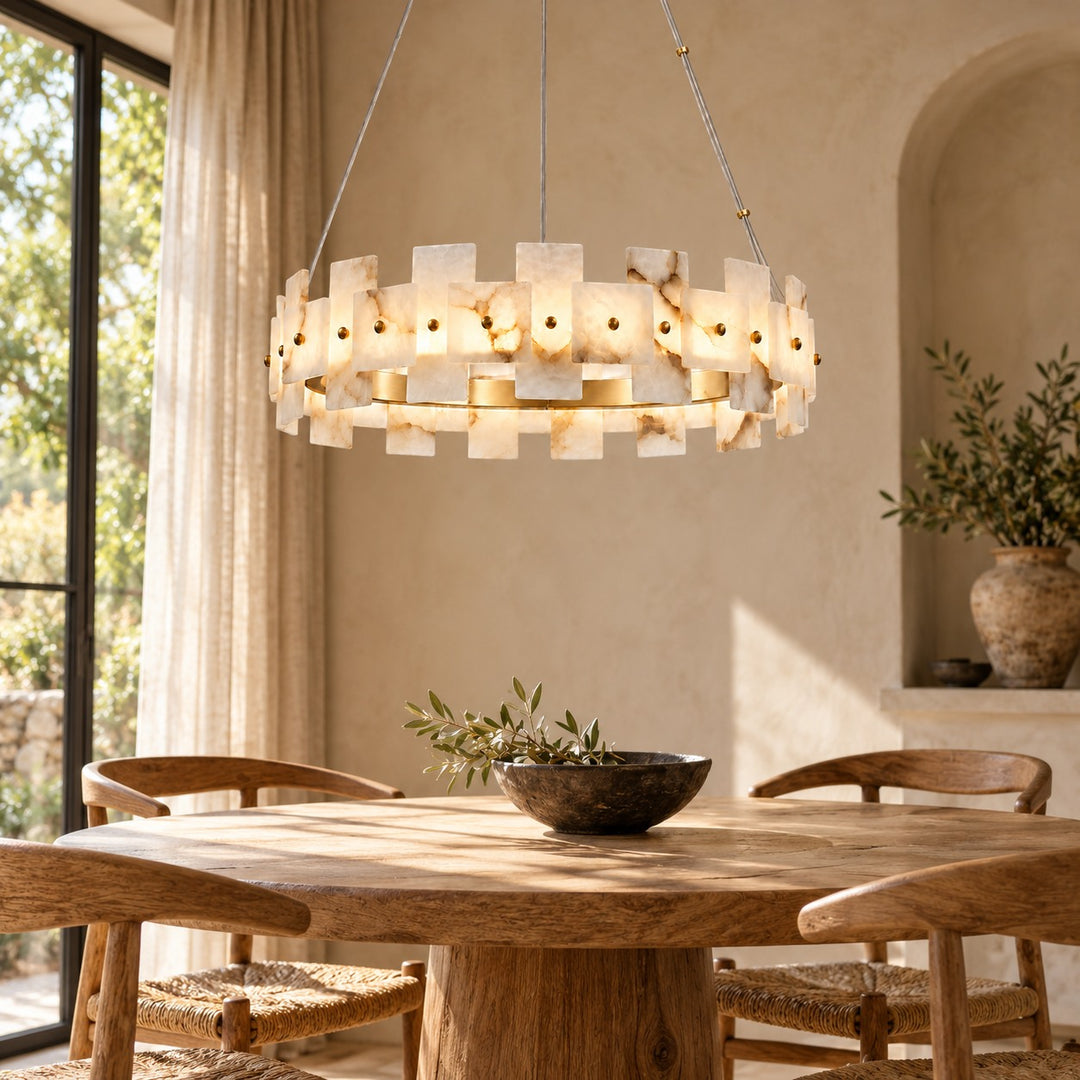 Modern Chandelier Ceiling Light Hanging Antique Brass Frame White Alabaster Panels LED