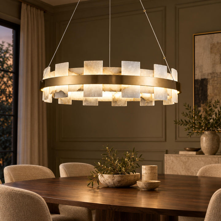 Modern Chandelier Ceiling Light Hanging Antique Brass Frame White Alabaster Panels LED