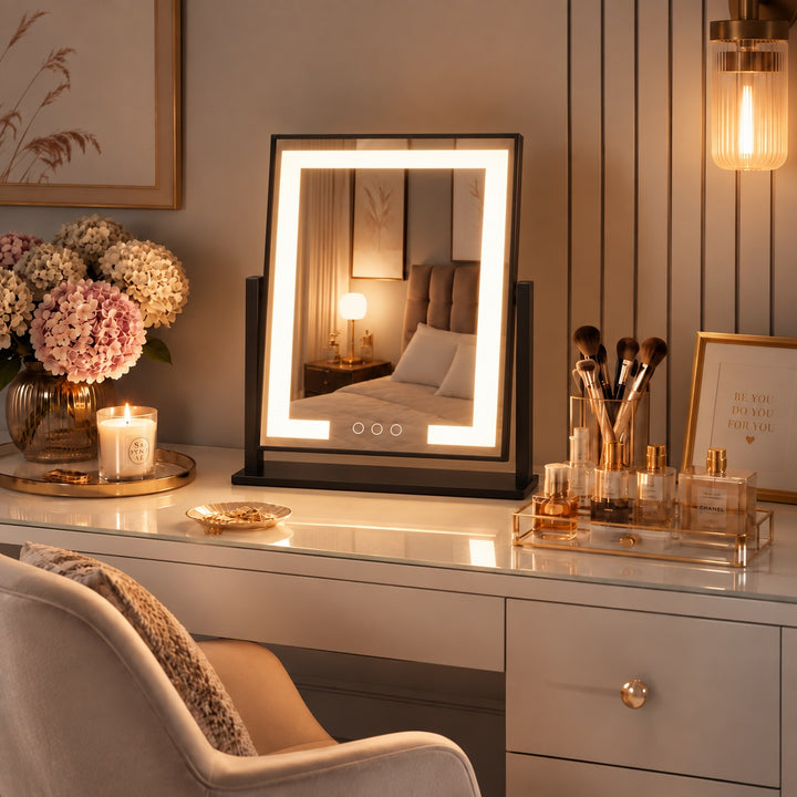 Modern LED Vanity Mirror with Touch Control 15x Magnifying Adjustable Brightness 360° Rotation