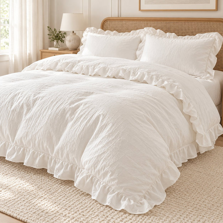 Modern Crumpled Ruffle Bedding Set Duvet Cover Flat Sheet Pillow Case Cotton Soft Texture