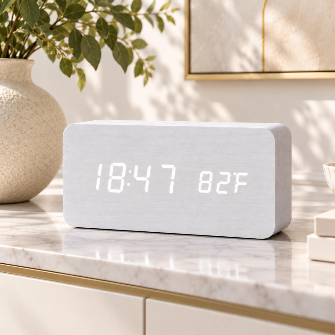 Modern Wood Digital Alarm Clock with Adjustable Brightness LED Display for Time and Temperature
