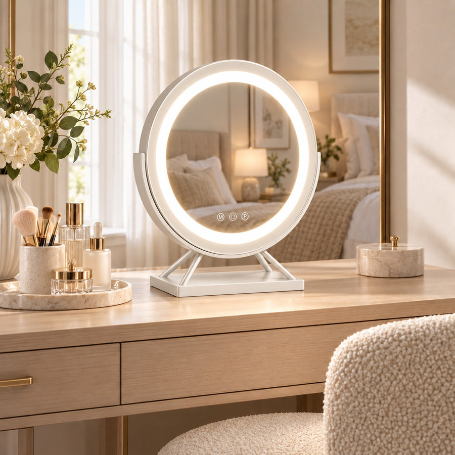 Dimmable Round Vanity Mirror with Lights 30cm Glass and Plastic with 15x Magnifying Spot Mirror in the dressing table