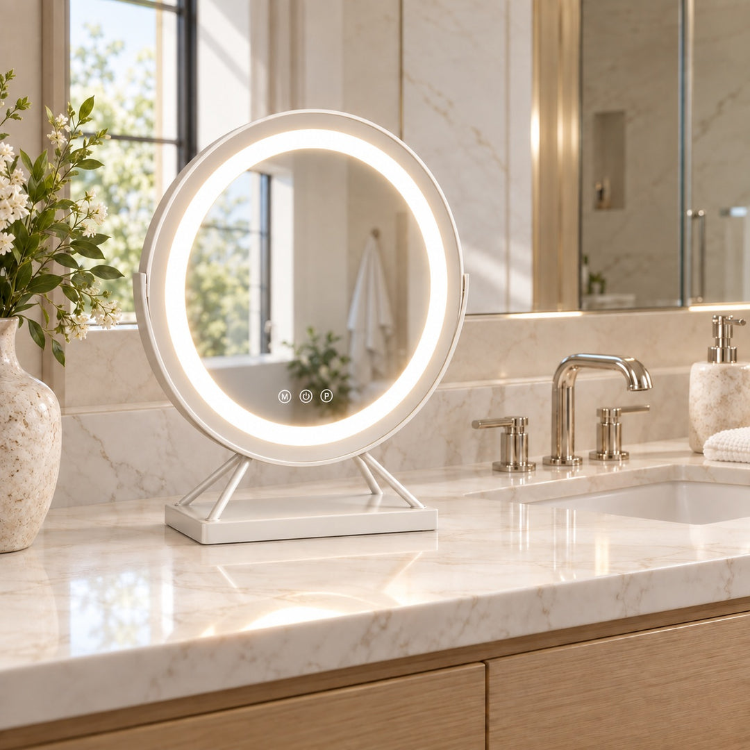 Dimmable Round Vanity Mirror with Lights 30cm Glass and Plastic with 15x Magnifying Spot Mirror