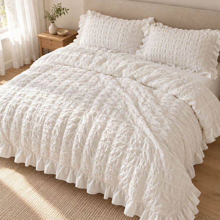 Chantilly Quilted Cream Puff Quilt Cover Set with Ruffled Edging in Cotton for Luxurious Comfort