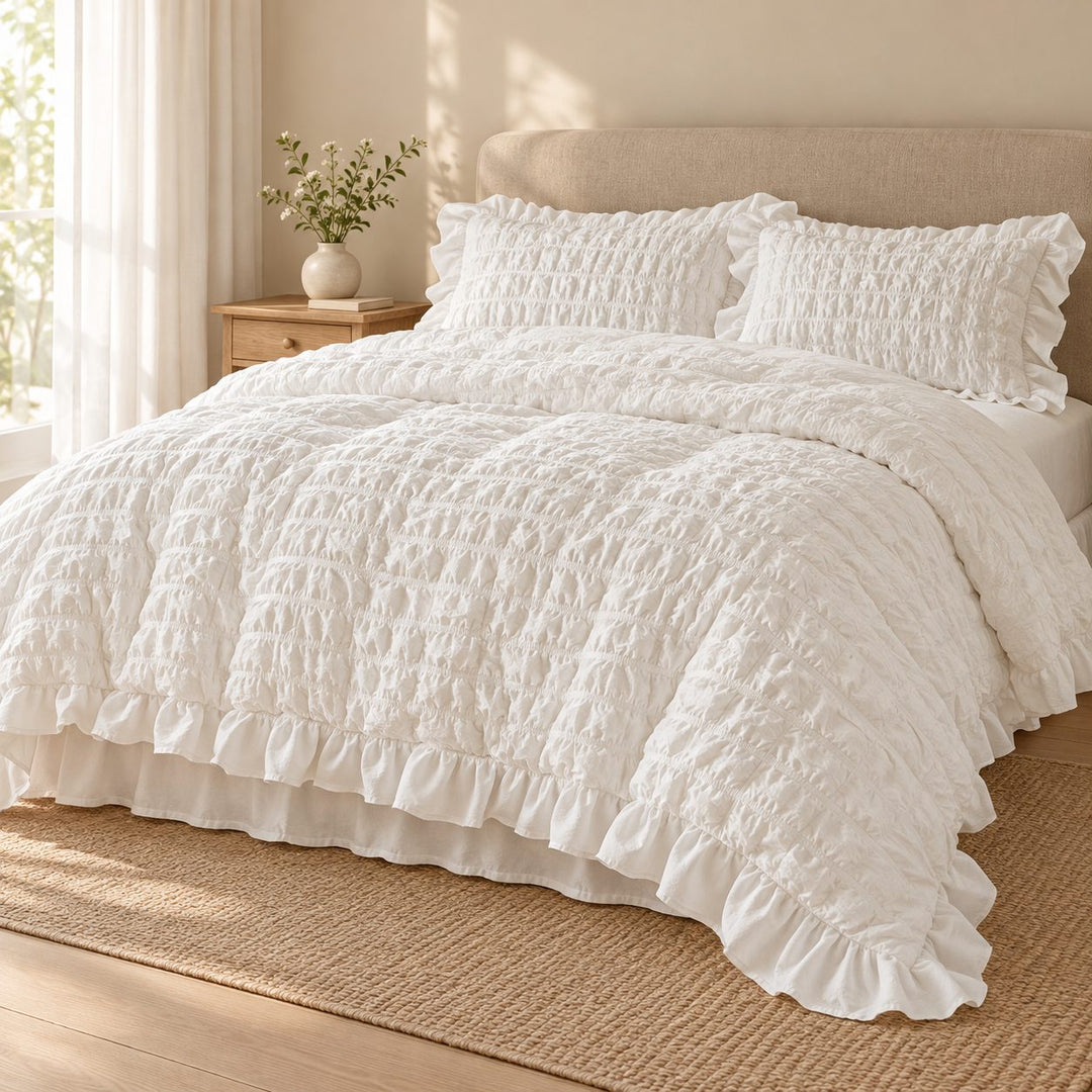 Chantilly Quilted Cream Puff Quilt Cover Set with Ruffled Edging in Cotton for Luxurious Comfort