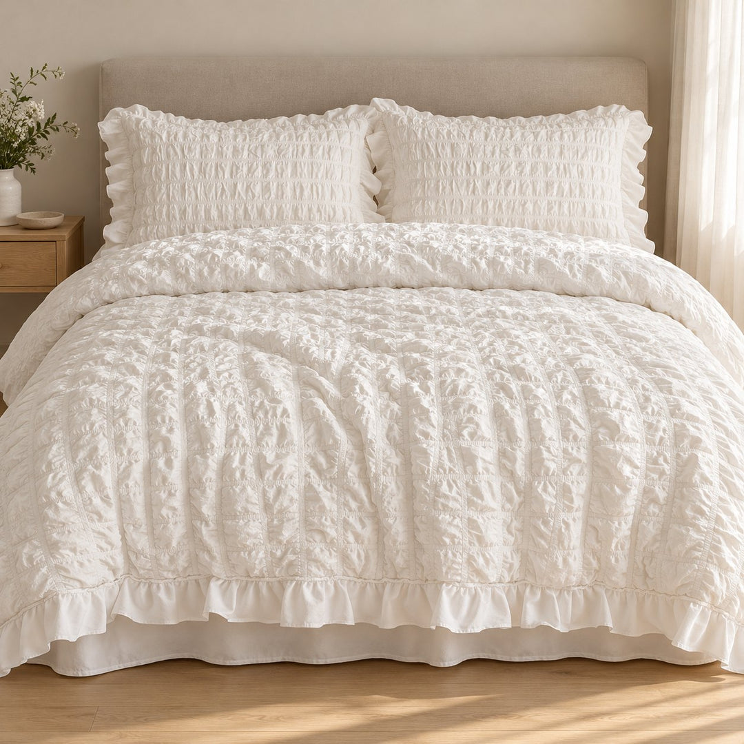 Chantilly Quilted Cream Puff Quilt Cover Set with Ruffled Edging in Cotton for Luxurious Comfort