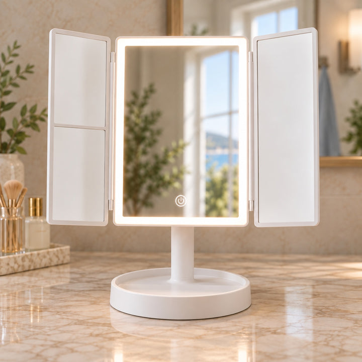 Modern Tri-Fold Makeup Mirror with Lights Adjustable USB Rechargeable 2X/3X Magnification