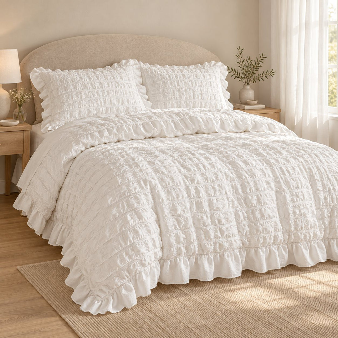 Chantilly Quilted Cream Puff Quilt Cover Set with Ruffled Edging in Cotton for Luxurious Comfort