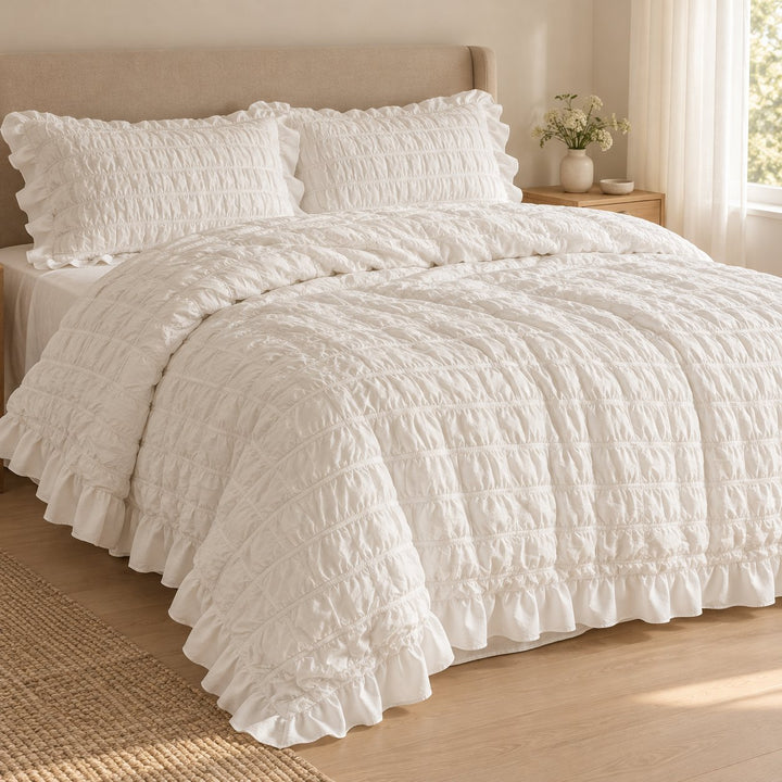 Chantilly Quilted Cream Puff Quilt Cover Set with Ruffled Edging in Cotton for Luxurious Comfort