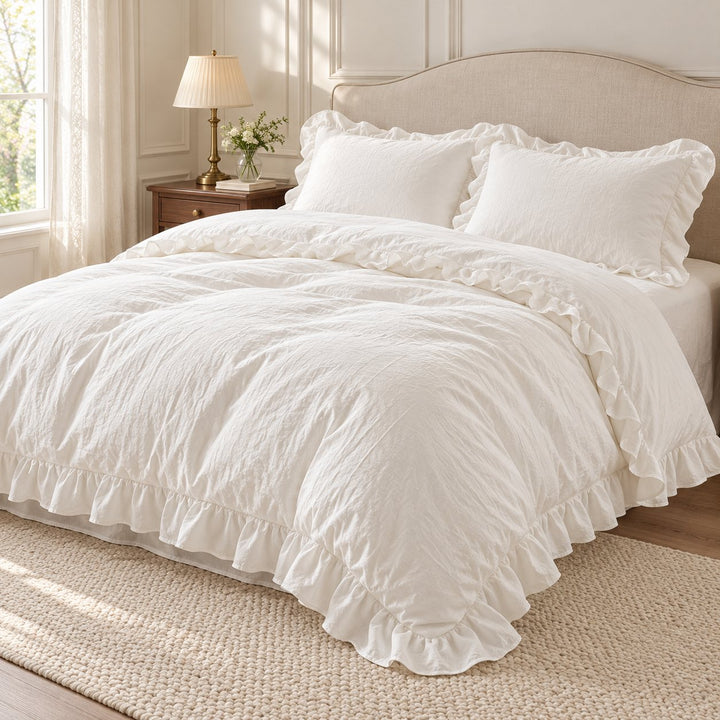 Modern Crumpled Ruffle Bedding Set Duvet Cover Flat Sheet Pillow Case Cotton Soft Texture