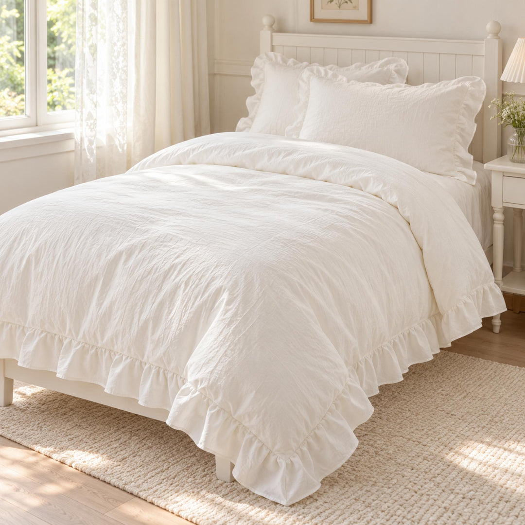 Modern Crumpled Ruffle Bedding Set Duvet Cover Flat Sheet Pillow Case Cotton Soft Texture