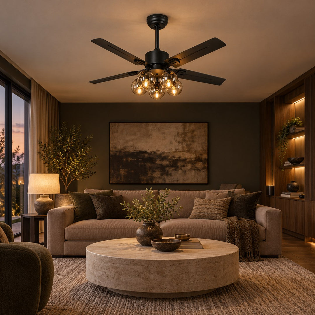 Vintage Black Ceiling Fan Light Flush Mount Metal with Integrated LED Illumination
