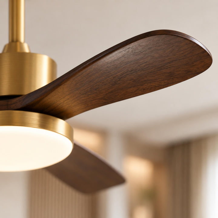 Modern Ceiling Fan with Integrated LED Lighting Flush Mount Design Wooden Blades 6-Speed Control