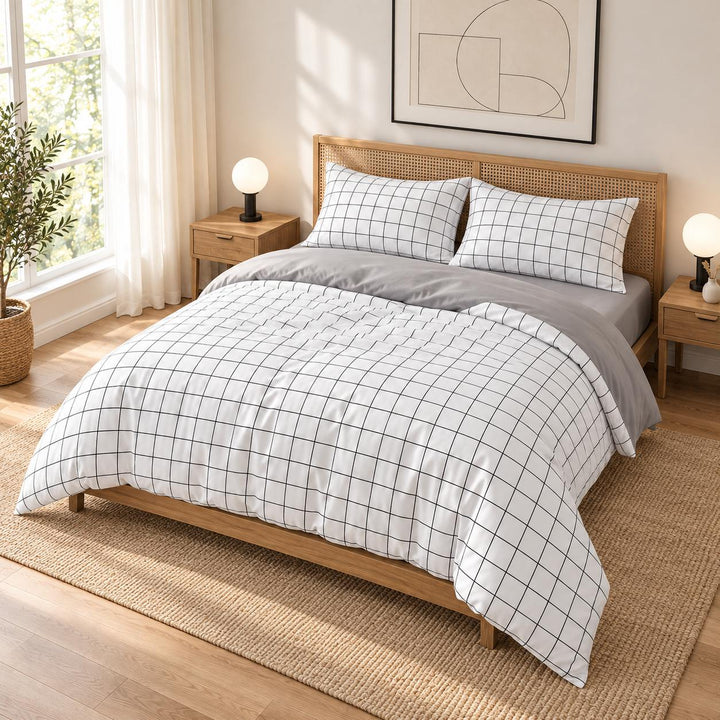 Modern Plain Grid Bedding Set Duvet Cover Flat Sheet and Pillow Cases Cotton Material