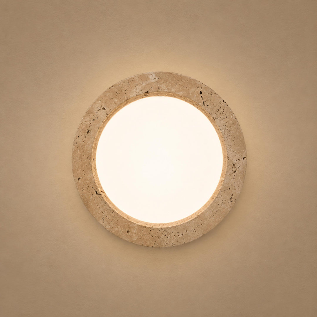 Modern Round Flush Mount Ceiling Light Yellow Travertine LED Dimmable 20cm for Compact Spaces