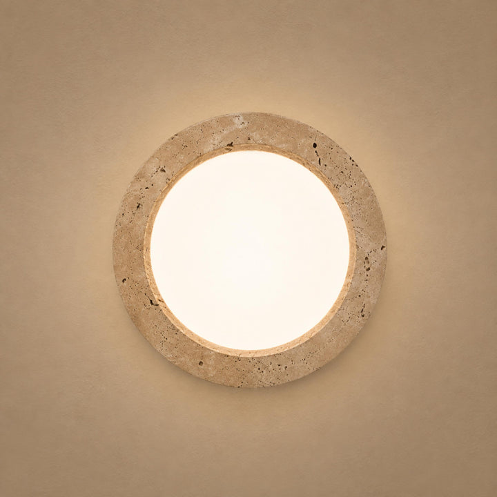 Modern Round Flush Mount Ceiling Light Yellow Travertine LED Dimmable 20cm for Compact Spaces