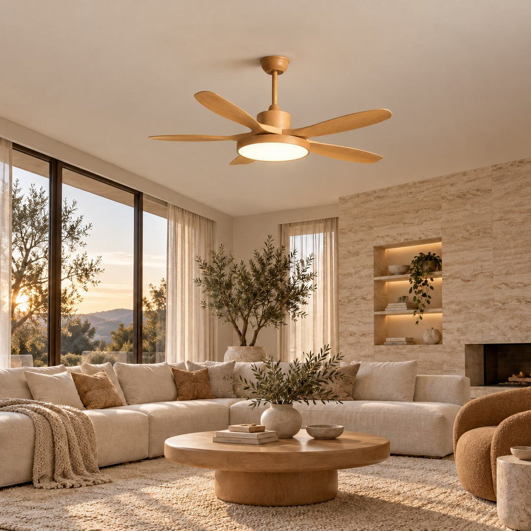 Modern Industrial Ceiling Fan Light Flush Mount Imitation Wood Blades Integrated LED