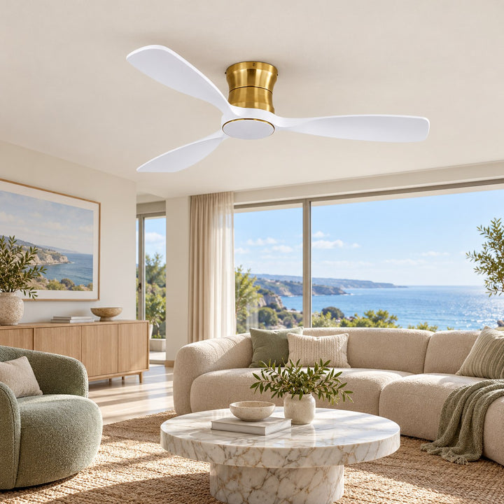 Modern Ceiling Fan 48 Inch Flush Mount Solid Wood Blades Dimmable LED Light Remote Control