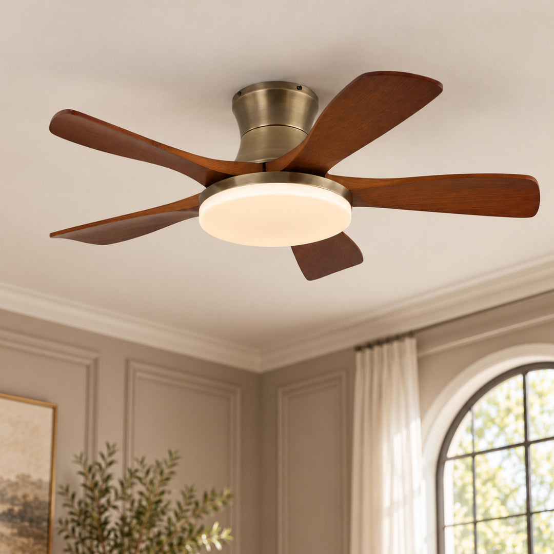 Modern Ceiling Fan with Lights Flush Mount Metal Frame Wooden Blades Integrated LED 6-Speed Control