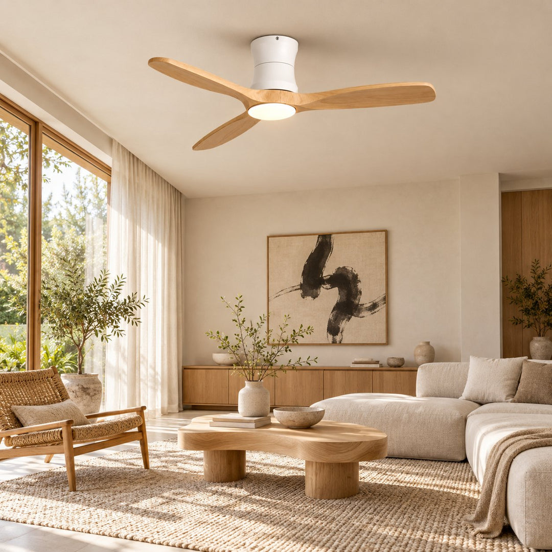 Modern Ceiling Fan 48 Inch Flush Mount Solid Wood Blades Dimmable LED Light Remote Control