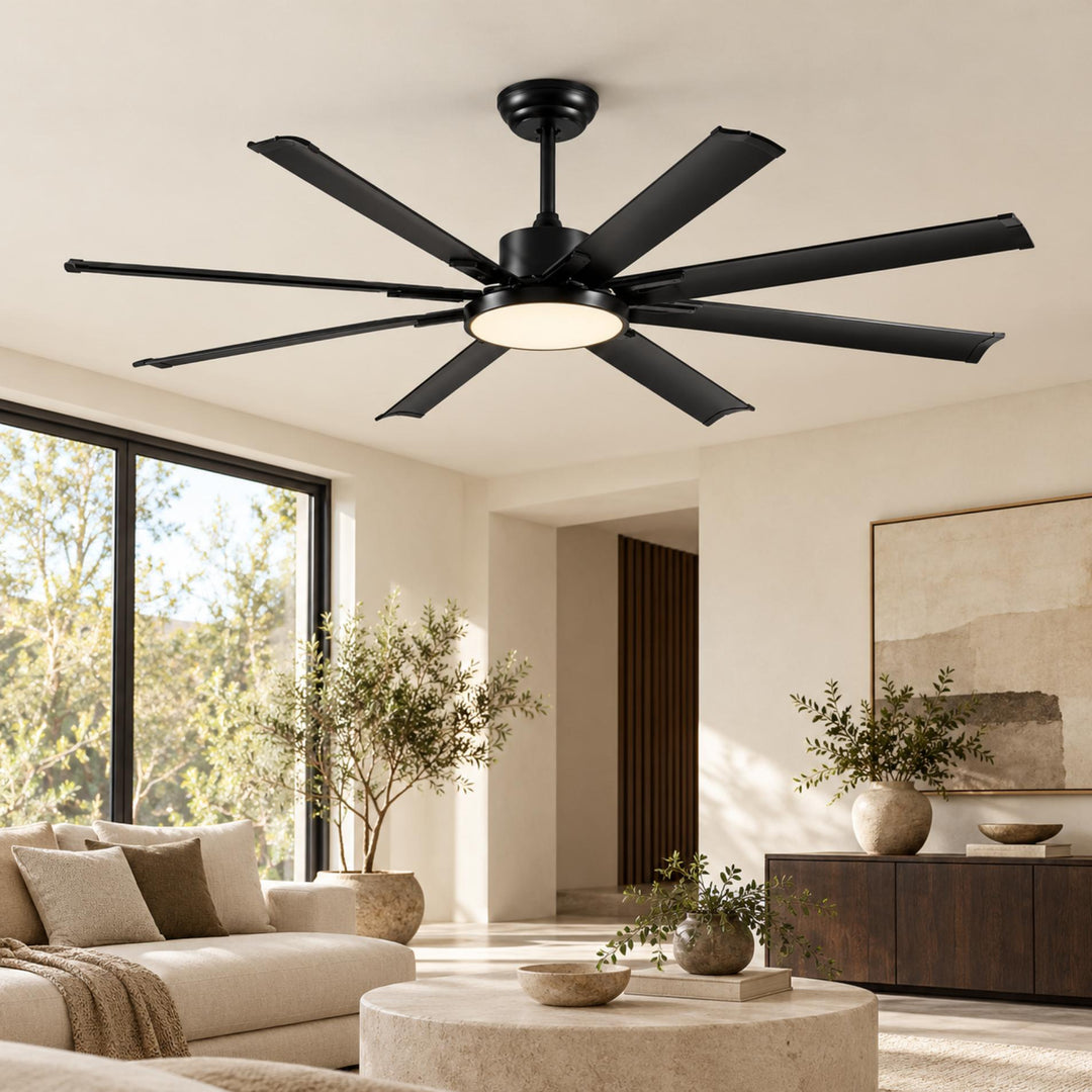 Modern Ceiling Fan Flush Mount Black Aluminium 8-Blade Full-Spectrum LED Quiet DC Motor
