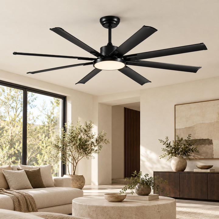 Modern Ceiling Fan Flush Mount Black Aluminium 8-Blade Full-Spectrum LED Quiet DC Motor