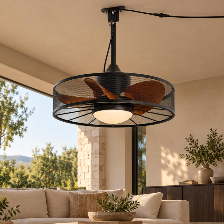Rustic Outdoor Ceiling Fan with Light Flush Mount Iron Frame LED Colour Temperature Control