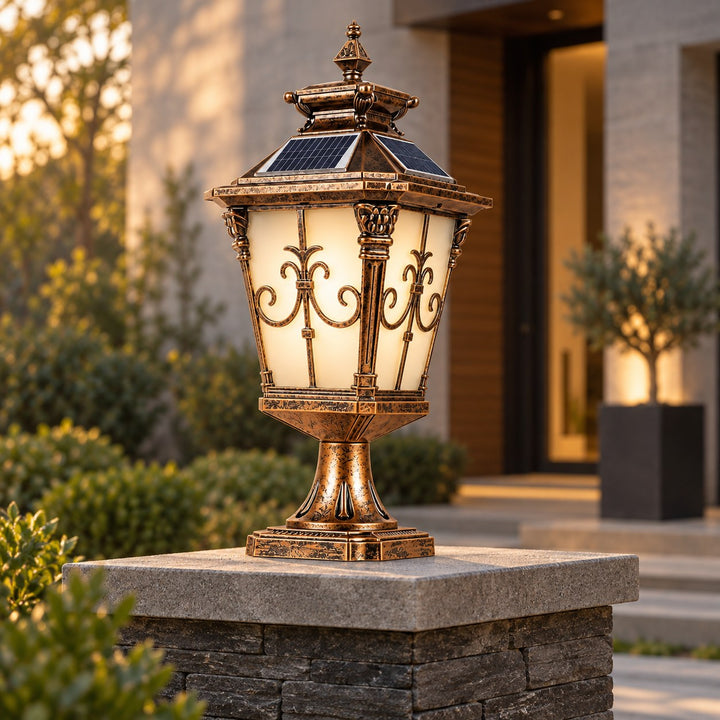 Victorian Outdoor Pillar Light Solar or Hardwired Die-Cast Aluminum Glass IP65