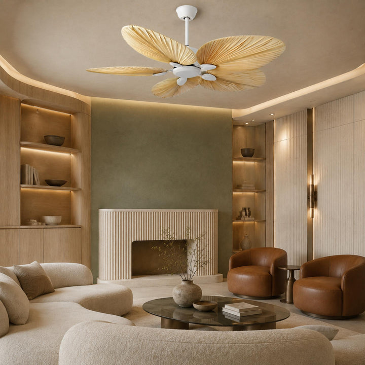 Modern Ceiling Fan with Palm Leaf Blades Iron Frame Remote Control Quiet Motor 110V 240V