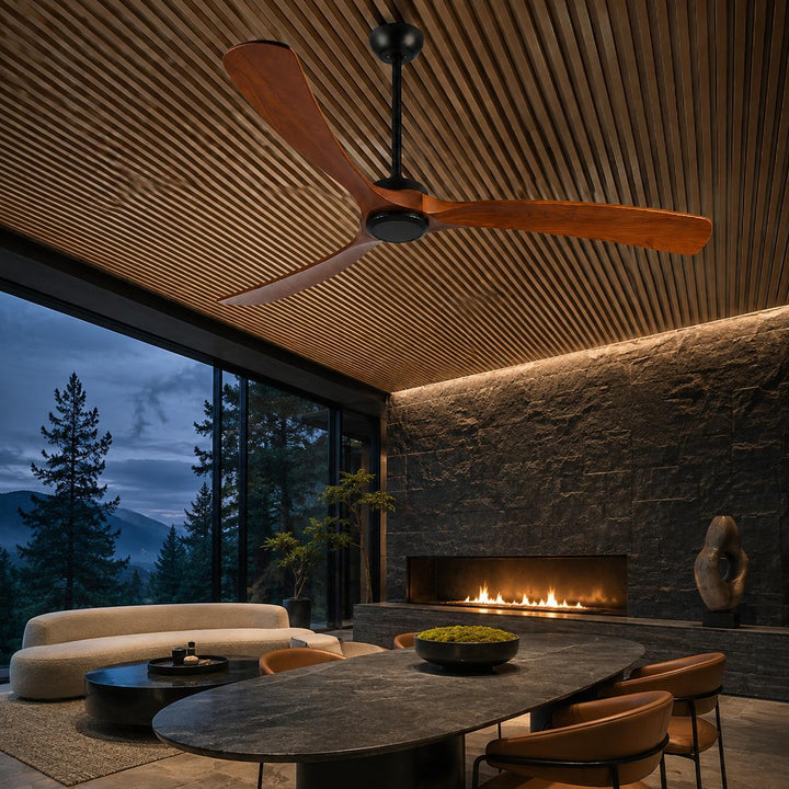 Modern Outdoor Ceiling Fan with Walnut Wood Blades IP65 Waterproof 6-Speed Quiet Motor