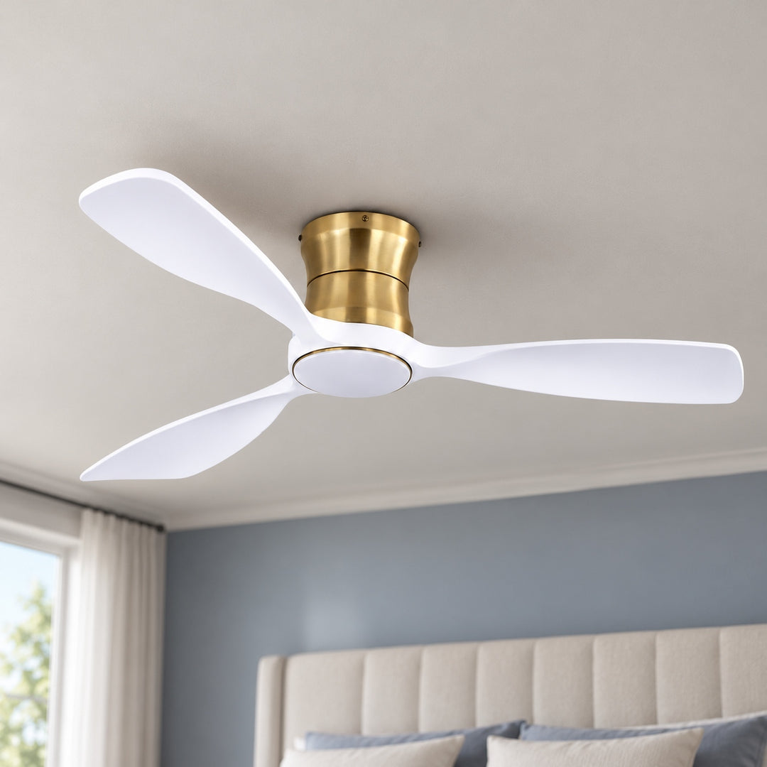 Modern Ceiling Fan 48 Inch Flush Mount Solid Wood Blades Dimmable LED Light Remote Control