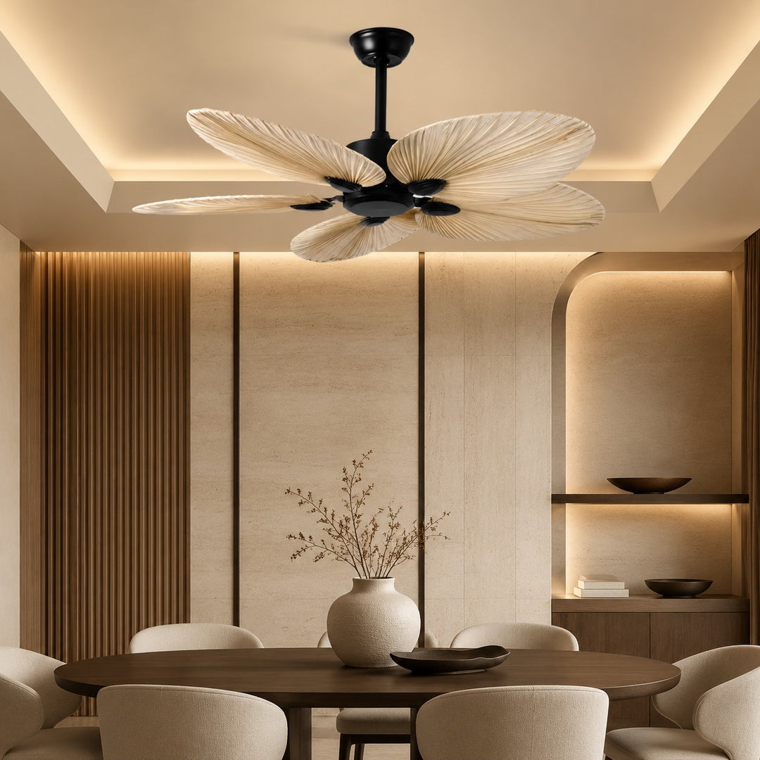 Modern Ceiling Fan with Palm Leaf Blades Iron Frame Remote Control Quiet Motor 110V 240V