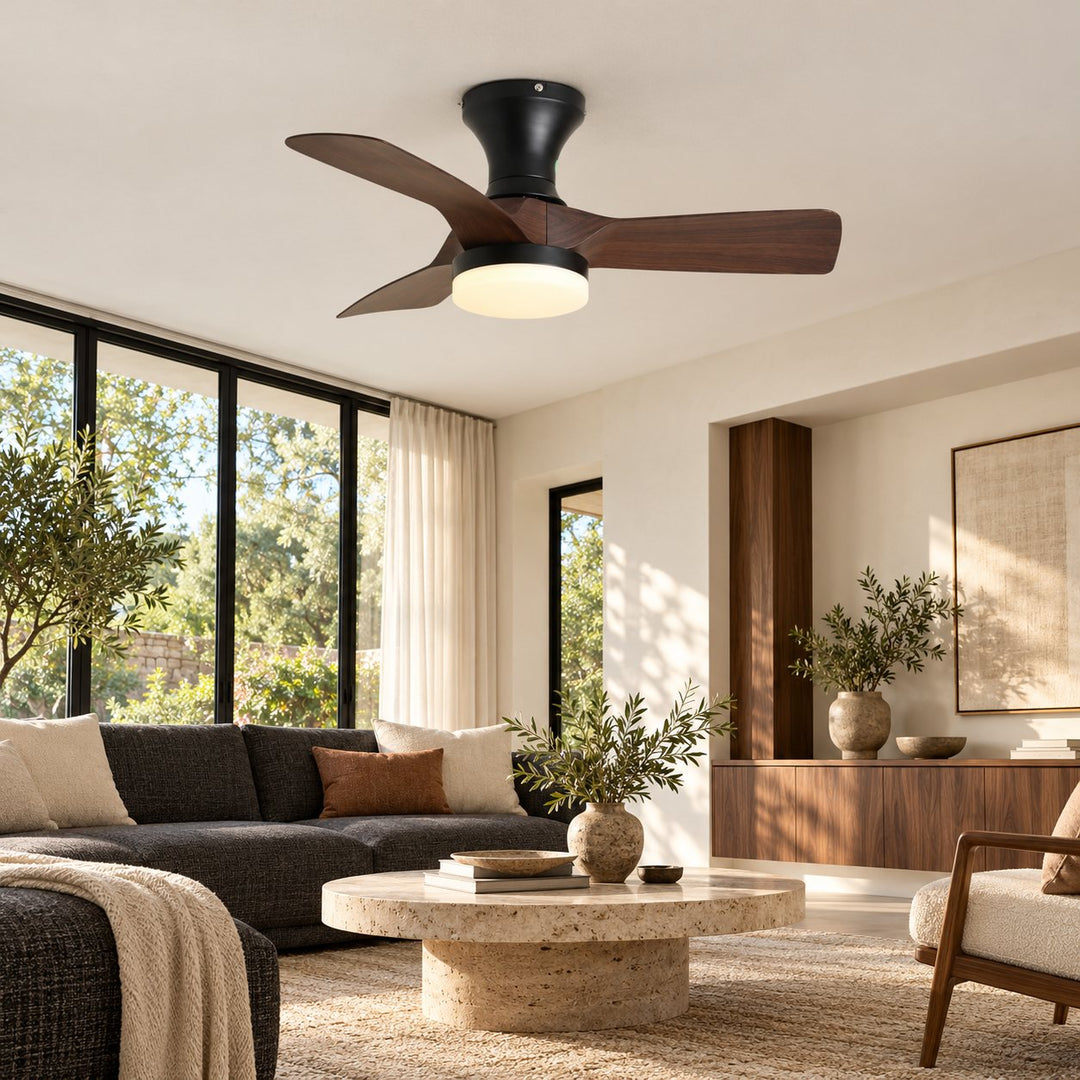 Modern Ceiling Fan Light Flush Mount Metal Frame ABS Blades Integrated LED Dimmable 6-Speed