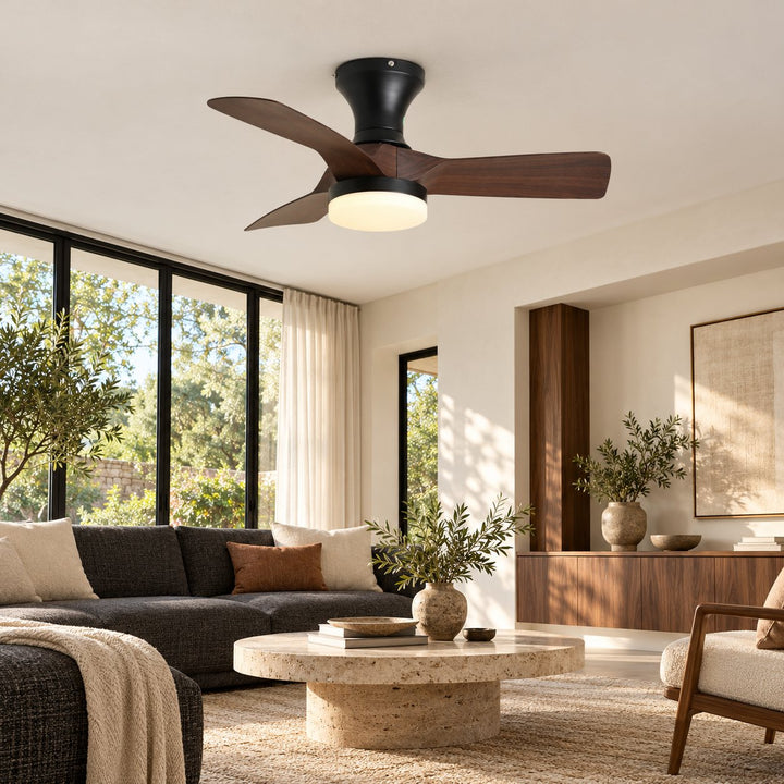 Modern Ceiling Fan Light Flush Mount Metal Frame ABS Blades Integrated LED Dimmable 6-Speed