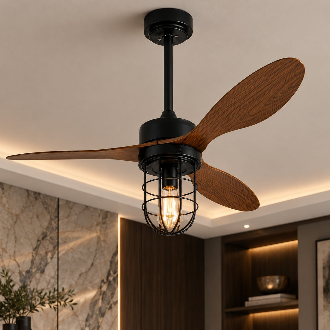 Modern Ceiling Fan Flush Mount with Iron Cage Light Wood Blades Quiet DC Motor 6-Speed
