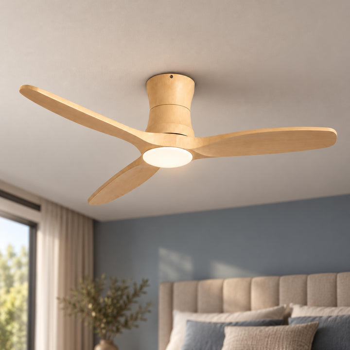 Modern Ceiling Fan Flush Mount Solid Wood Blades Integrated Dimmable LED Light Remote Control 52 Inch