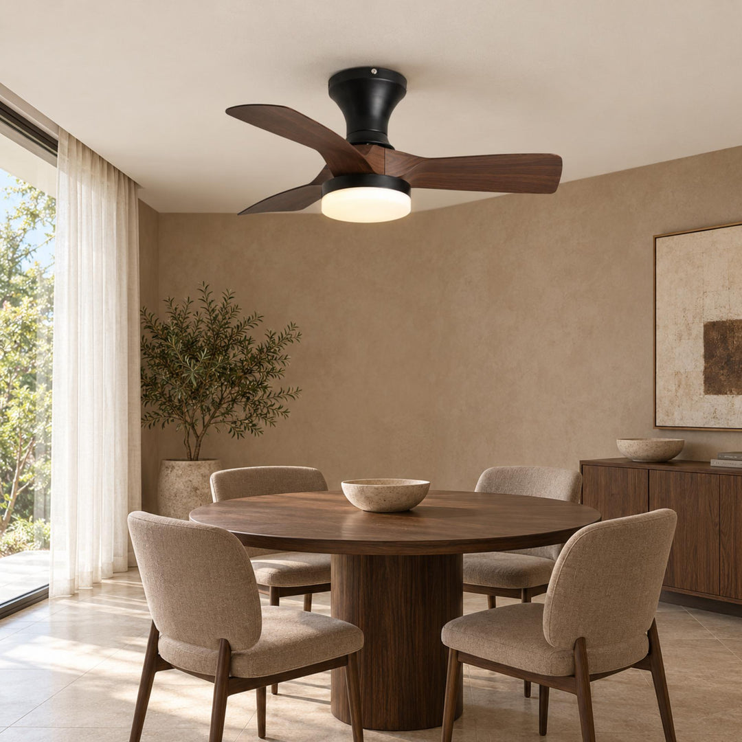 Modern Ceiling Fan Light Flush Mount Metal Frame ABS Blades Integrated LED Dimmable 6-Speed