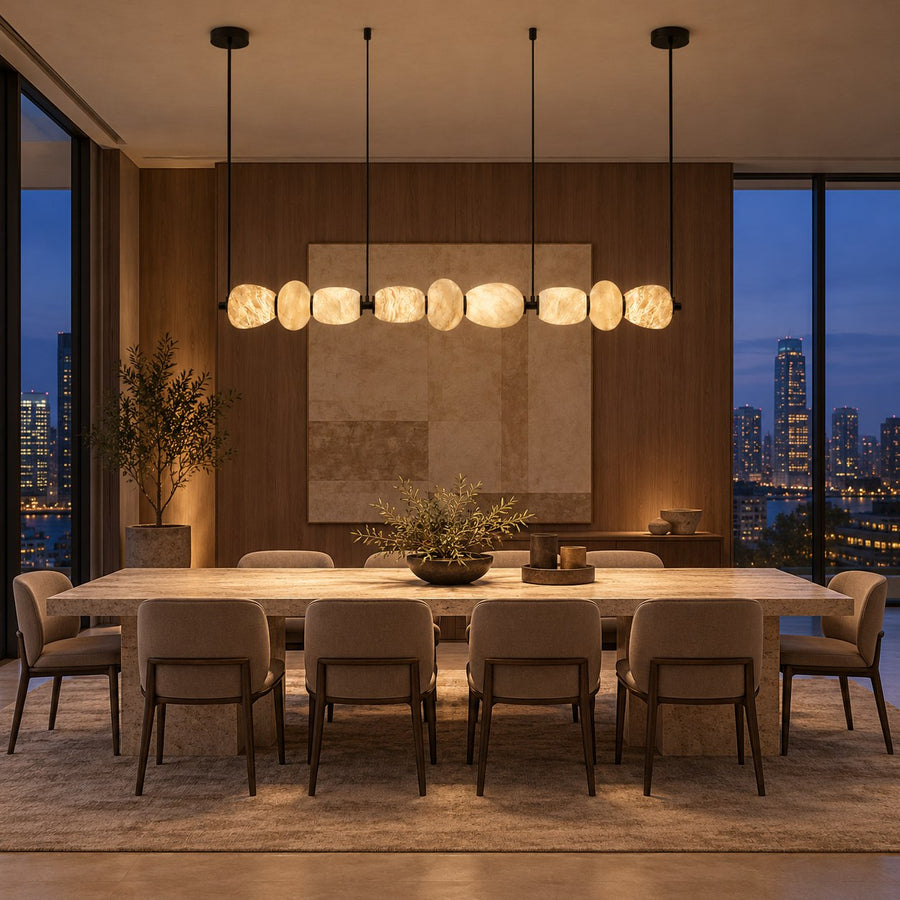 Modern Linear Chandelier Ceiling Mounted Alabaster Glass LED Lighting Fixture for Indoor Use in the dining