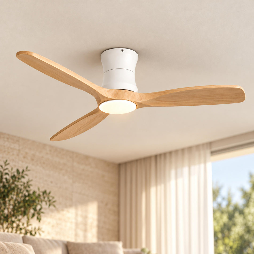 Modern Ceiling Fan 48 Inch Flush Mount Solid Wood Blades Dimmable LED Light Remote Control