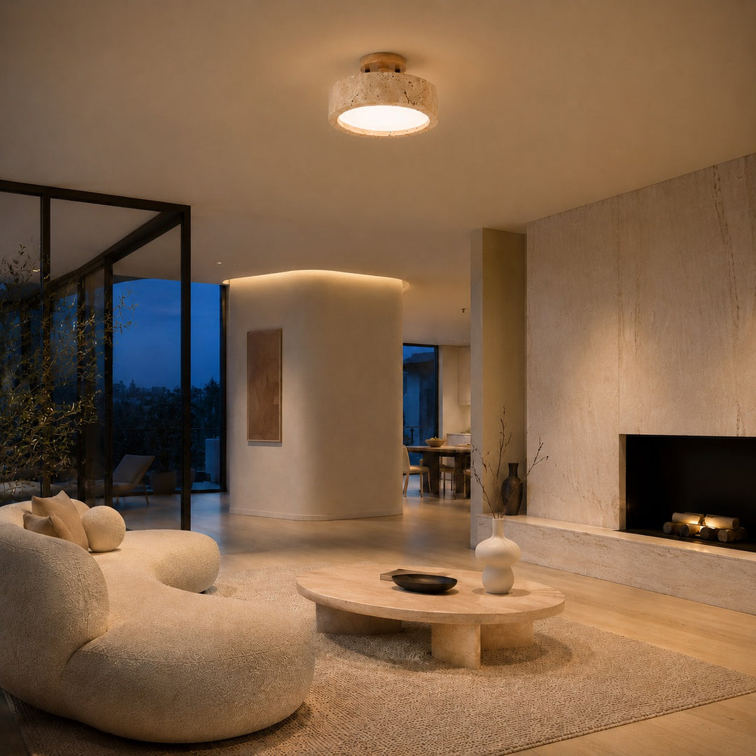 Modern Round Flush Mount Ceiling Light Yellow Travertine LED Dimmable 20cm for Compact Spaces