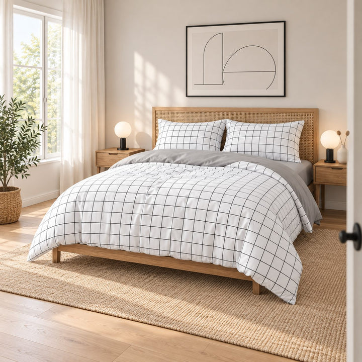 Modern Plain Grid Bedding Set Duvet Cover Flat Sheet and Pillow Cases Cotton Material