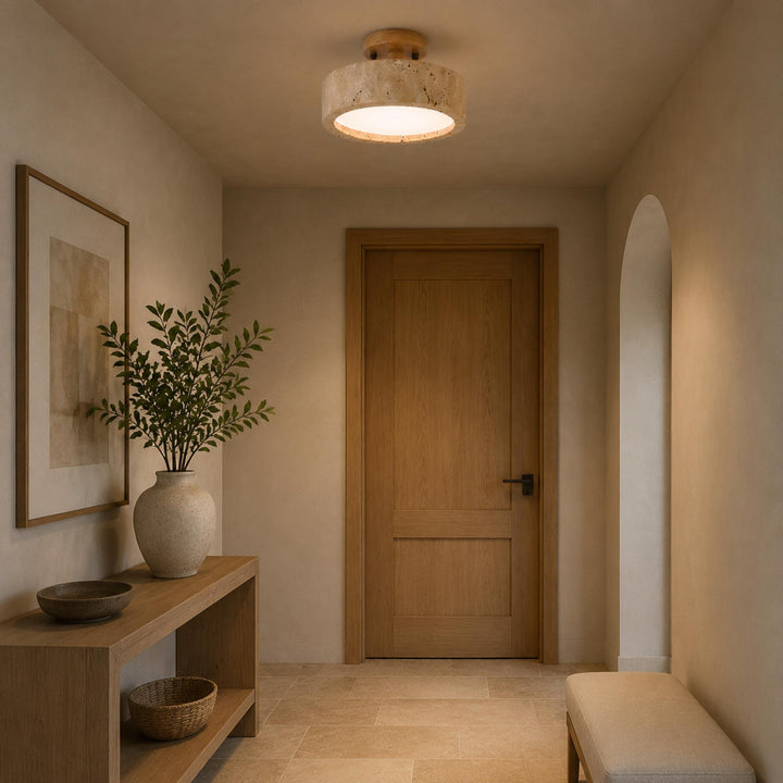 Modern Round Flush Mount Ceiling Light Yellow Travertine LED Dimmable 20cm for Compact Spaces