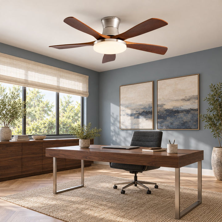 Modern Ceiling Fan with Lights Flush Mount Metal Frame Wooden Blades Integrated LED 6-Speed Control
