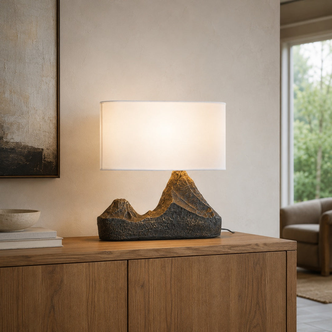 Modern Table Lamp with Bronze Finish and White Fabric Shade for Bedroom or Living Room Use