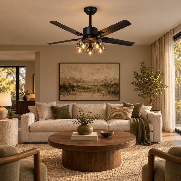 Vintage Black Ceiling Fan Light Flush Mount Metal with Integrated LED Illumination