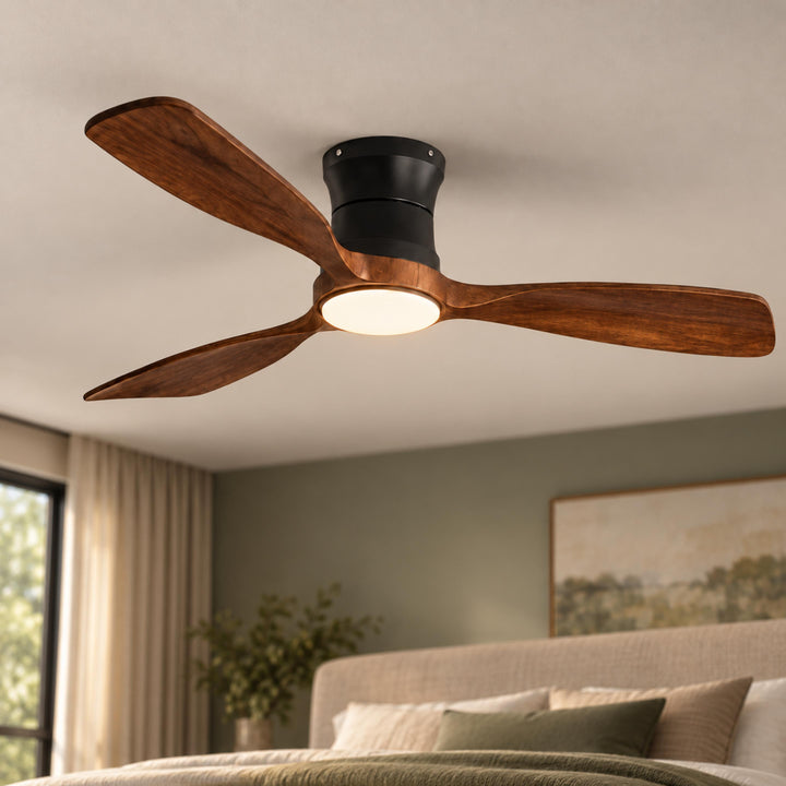 Modern Ceiling Fan 48 Inch Flush Mount Solid Wood Blades Dimmable LED Light Remote Control