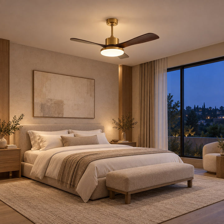 Modern Ceiling Fan with Integrated LED Lighting Flush Mount Design Wooden Blades 6-Speed Control